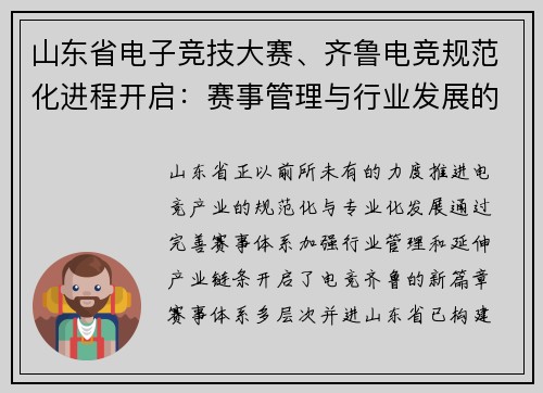 山东省电子竞技大赛、齐鲁电竞规范化进程开启：赛事管理与行业发展的新篇章