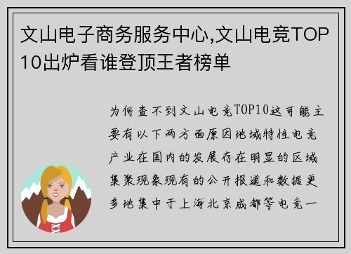 文山电子商务服务中心,文山电竞TOP10出炉看谁登顶王者榜单