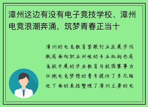漳州这边有没有电子竞技学校、漳州电竞浪潮奔涌，筑梦青春正当十